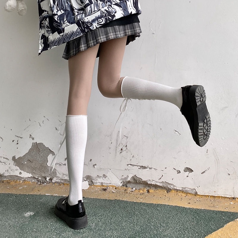 Jiashucheng Vớ Ống Lửng Phối Dây Chéo Màu Trắng Đen Phong Cách Lolita Dễ Thương Thời Trang Xuân Thu Cho Nữ
