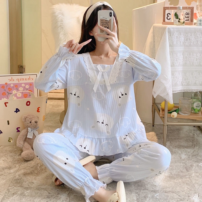 Bộ đồ ngủ tay dài thời trang thu đông kiểu công chúa phong cách Hàn Quốc xinh xắn dành cho nữ