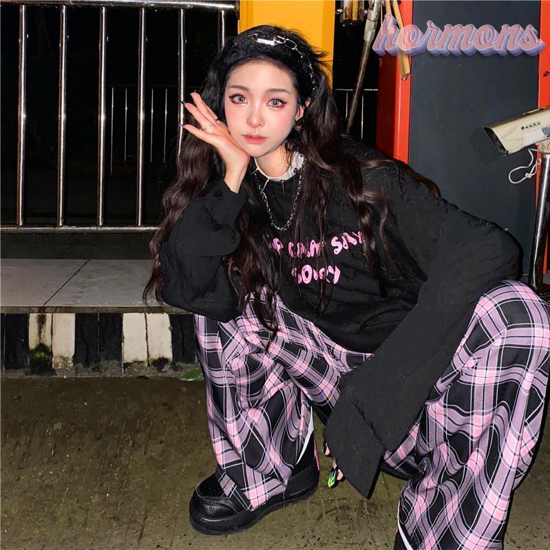 Quần dài lưng cao ống rộng họa tiết sọc caro phong cách Harajuku thời trang cá tính