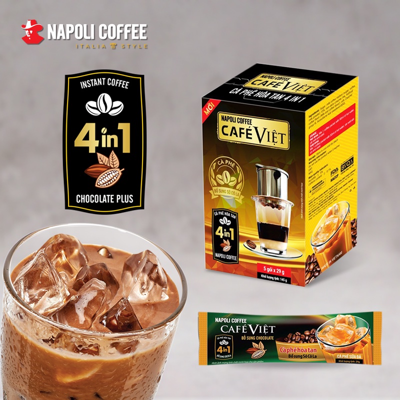 Cà Phê Hoà Tan Sữa Đá 4IN1 BỔ SUNG SOCOLA Napoli Coffee 29g/gói - Cà Phê SẠCH, Cà Phê Arabica/Robusta