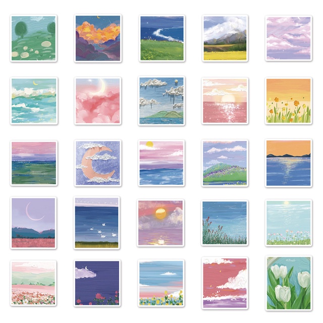 [Set 50 Cái] Sticker dán mũ bảo hiểm cute hoạ tiết phong cảnh thơ mộng - DB.105