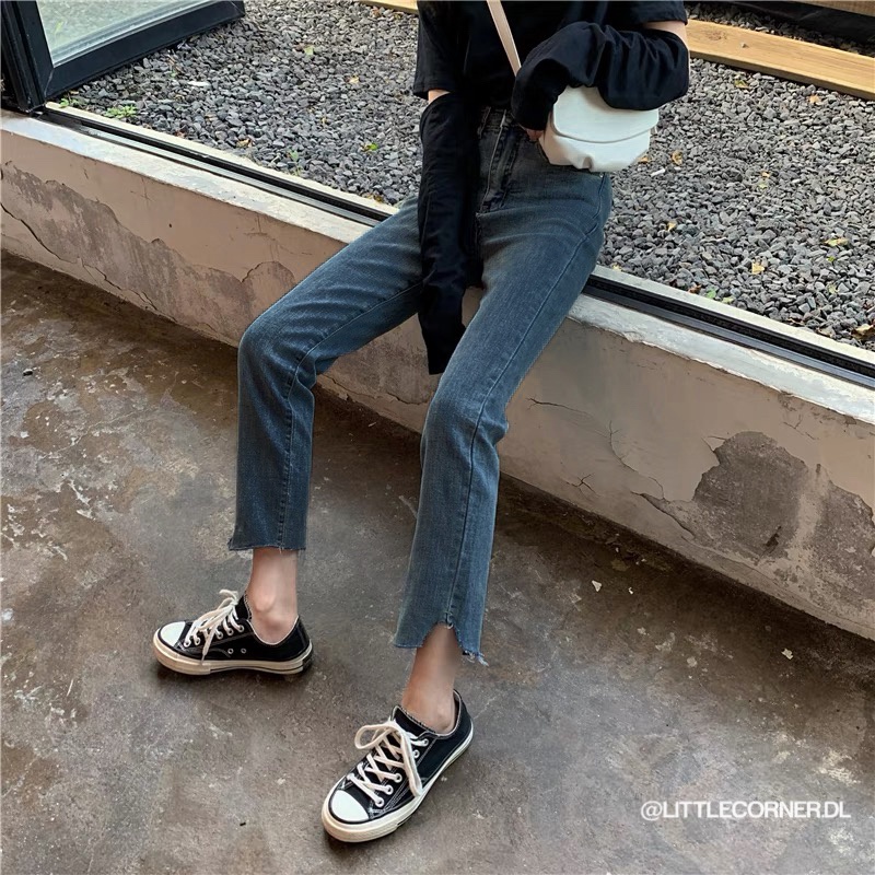 [Rẻ vô địch] Quần jeans nữ ống suông gấu cắt vuông lưng cao có BIGSIZE 2 màu quảng châu kèm ảnh thật hàng sẵn
