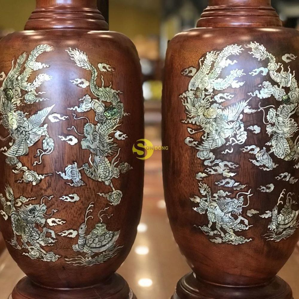 Mỹ Nghệ Bắc Ninh  Lục bình gỗ lim một cặp cẩn ốc cao 70cm hàng nguyên khối