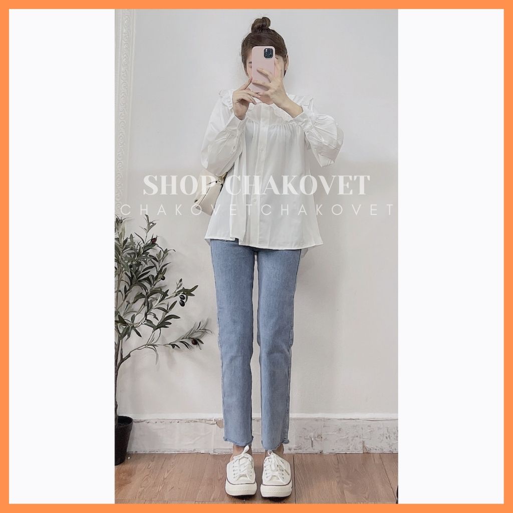 Áo sơ mi nữ tay dài form rộng CKA885, kiểu áo babydoll trắng tiểu thư thiết kế cổ bèo viền ren đẹp phong cách hàn quốc