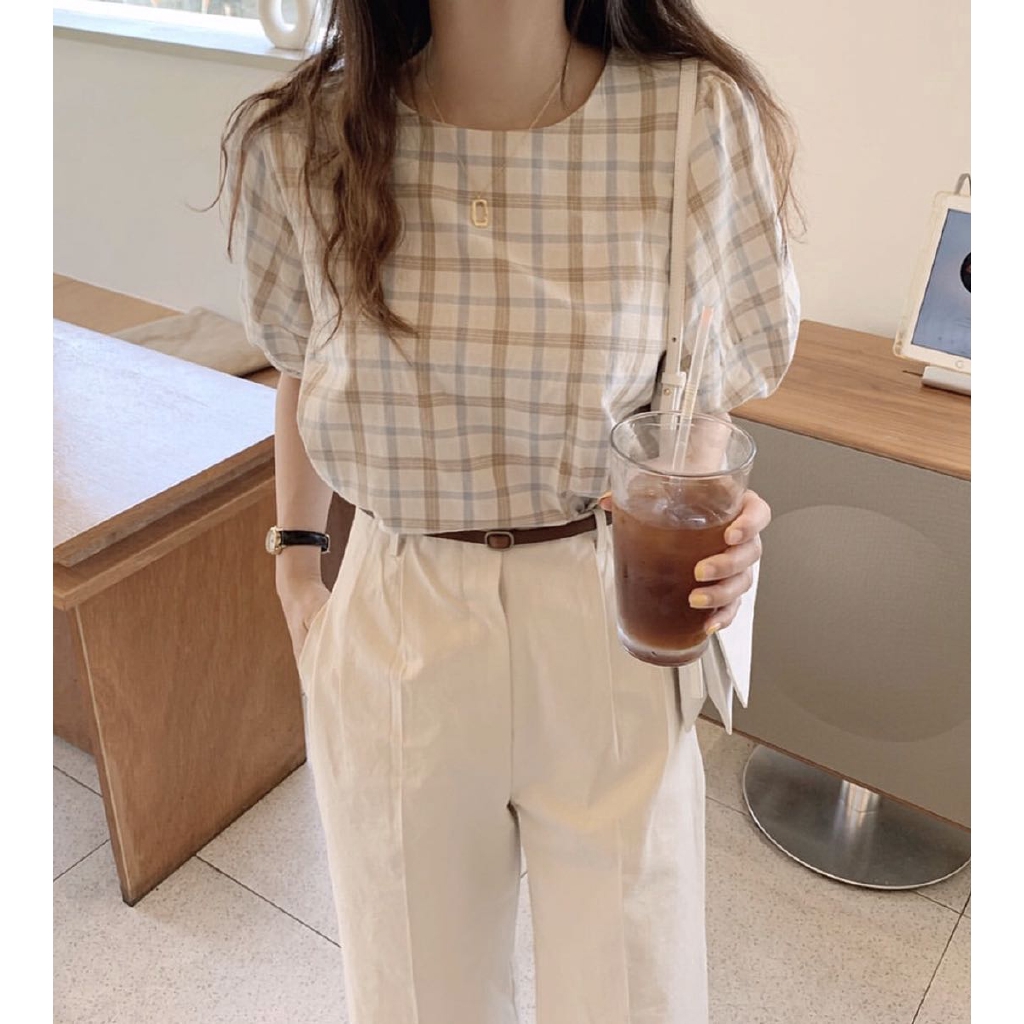 SUXI Áo Kiểu Tay Ngắn Cổ Tròn Dáng Rộng Họa Tiết Sọc Caro Phong Cách Retro Hàn Quốc Cho Nữ