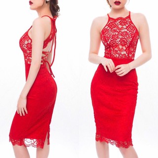 Đầm body ren cổ yếm đan dây lưng (trắng, đỏ, đen)