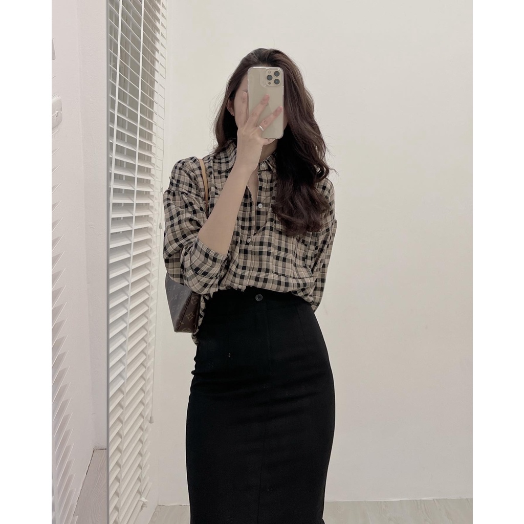 A3712 Áo somi kẻ caro Audrey