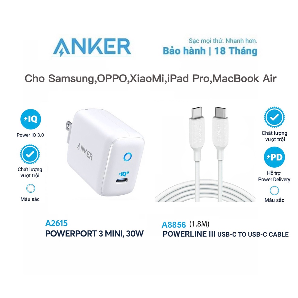 Cáp sạc Nhanh Anker A8632 Type-C to Lightning,Củ Sạc Nhanh A2615 30W,Cho iPhone PD 20W 13 12 Pro 11 XS 8P Macbook iPad