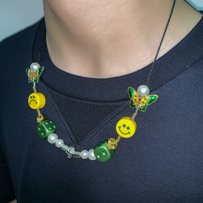 Vòng Cổ Mặt Hình Đầu Lâu/ Bướm Đính Ngọc Trai Màu Xanh Lá Phong Cách hip-hop Dễ Phối Đồ Thời Trang Cho Nam Và Nữ