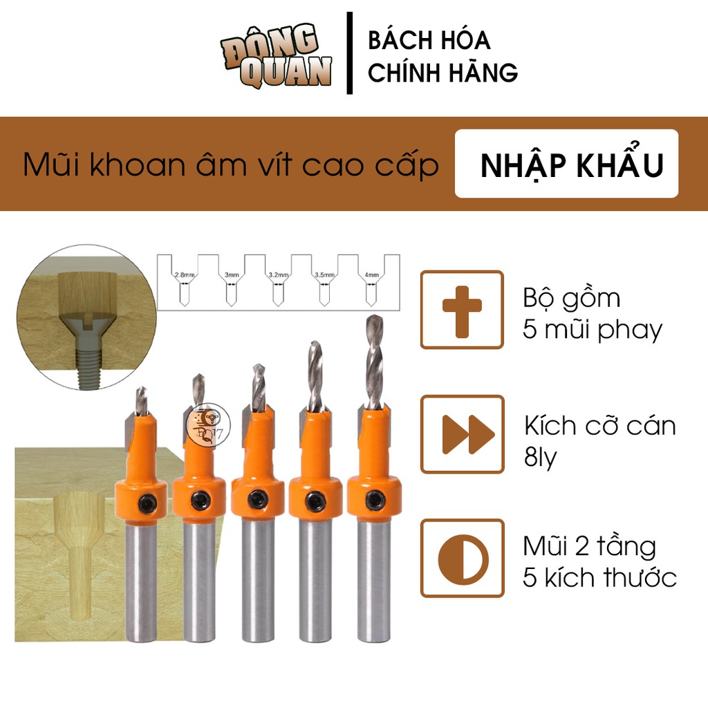 [ MŨI KHOAN ÂM VÍT GỖ CAO CẤP ] 100% NHƯ HÌNH Loại mũi 2 tầng âm đầu vít, Làm từ hợp kim thép có 5 kích thước