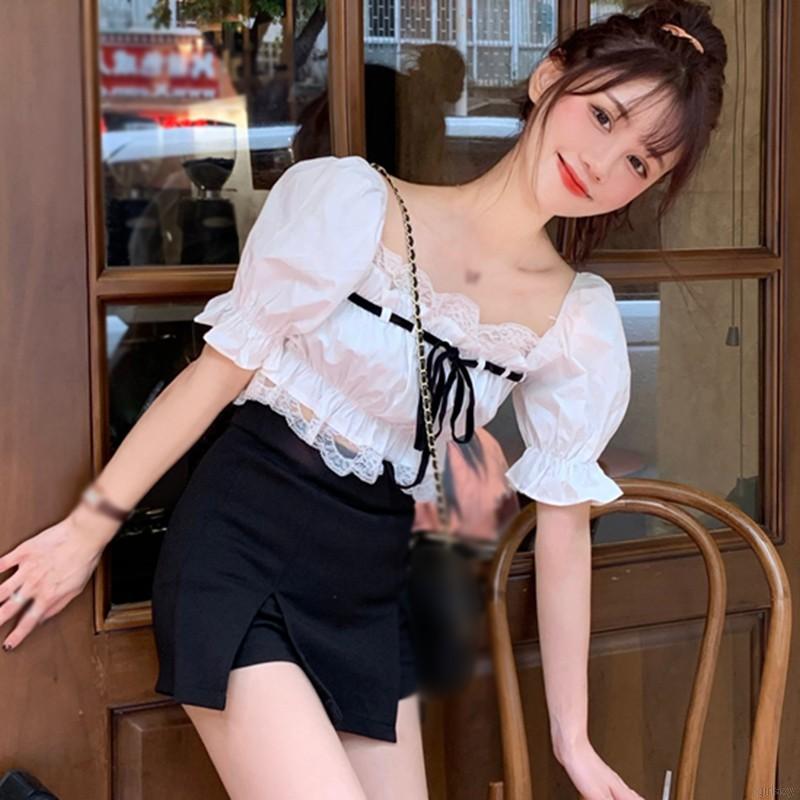 Áo Sơ Mi Ngắn Tay Với Thiết Kế Phối Ren Xinh Xắn Theo Phong Cách Hàn Quốc | BigBuy360 - bigbuy360.vn