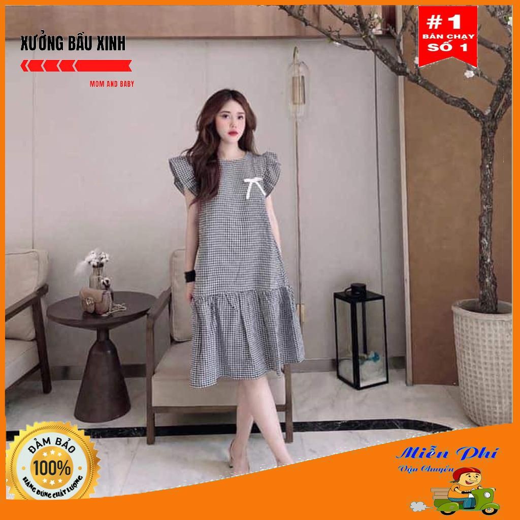 Đầm bầu thời trang thiết kế sát lách kẻ caro chất Đũi Hàn freesize từ 45 đến 70kg