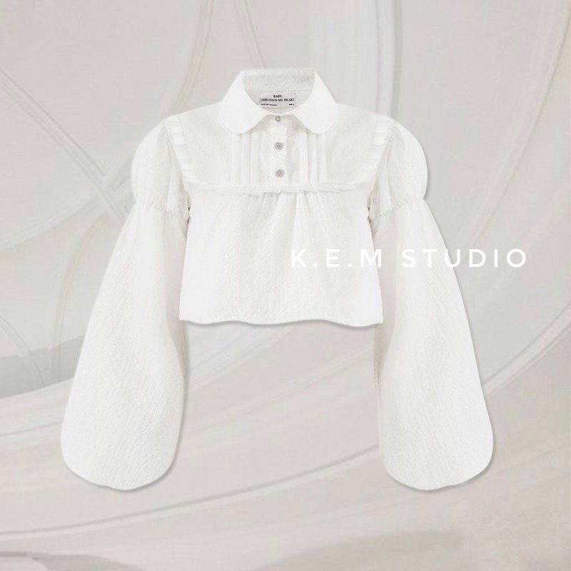 Áo dạ mỏng tay bồng cổ sen xinh xắn .kem studio A02