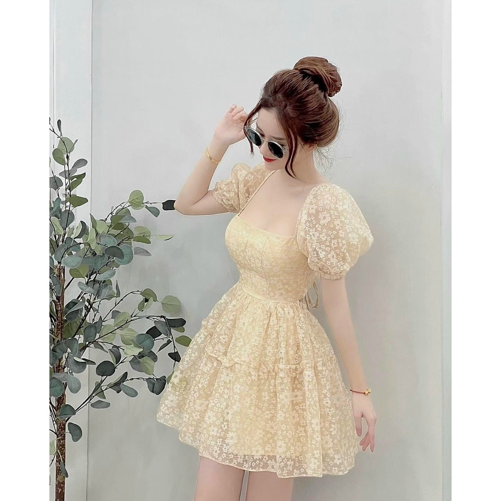 [8.8 Sales Freeship] Đầm công chúa cổ vuông tay phồng in hoa , đầm xòe dáng ngắn hở rút dây lưng quyến rũ, sáng chảnh dx