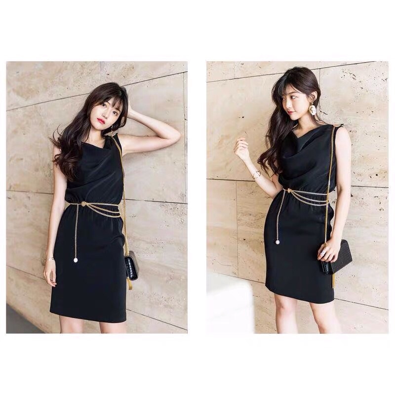 Belt nịt đai váy dây xích vàng bạc ĐV009 Thắt lưng váy dây xích 3 hàng thả sang chảnh mix đầm áo sơ mi