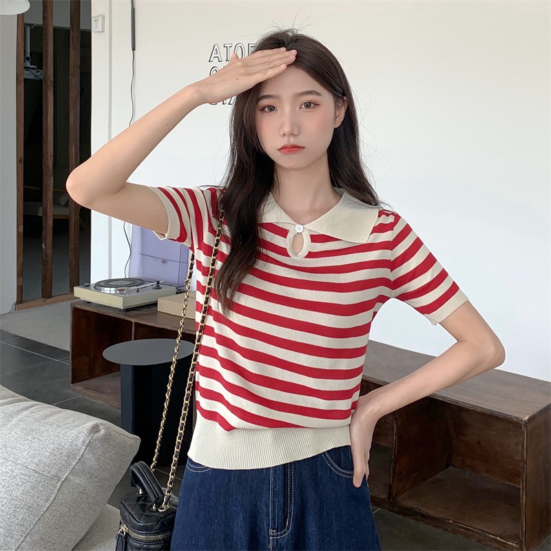 Áo Thun POLO Dệt Kim Ngắn Tay Họa Tiết Kẻ Sọc Thời Trang