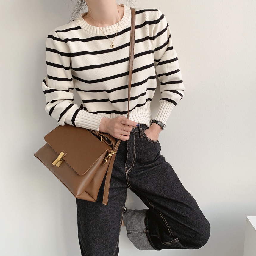 Áo sweater ZHELIHANGFEI dài tay lưng cao họa tiết kẻ sọc ngang phong cách retro