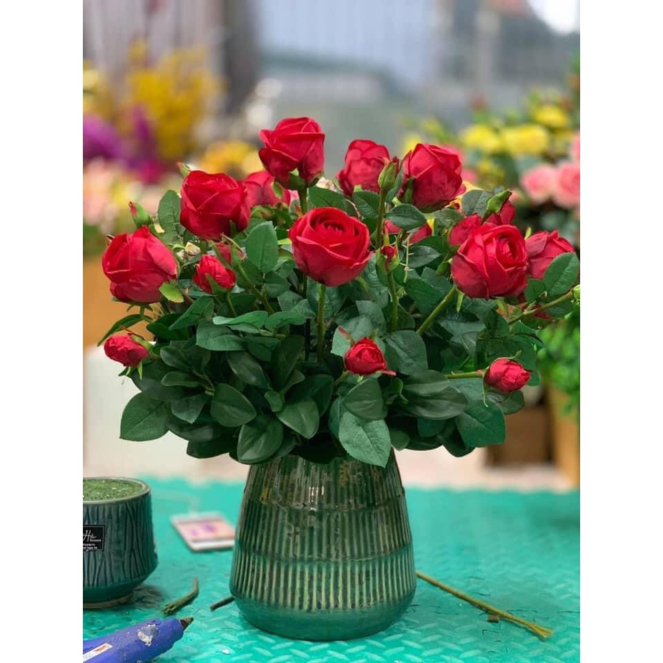 Cành hồng tròn 1 bông 2 nụ hàng cao cấp, giá rẻ nhất. Phù hợp trang trí nhà cửa phòng khách phòng ngủ_Hoàn hoa lụa