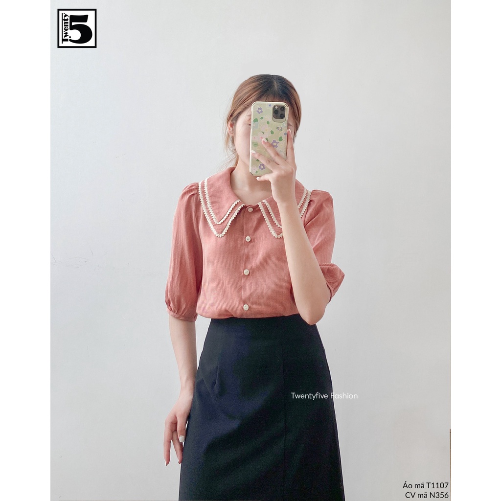 Áo sơ mi kẻ nữ, cổ sen nằm - ren hạt Twentyfive T1107