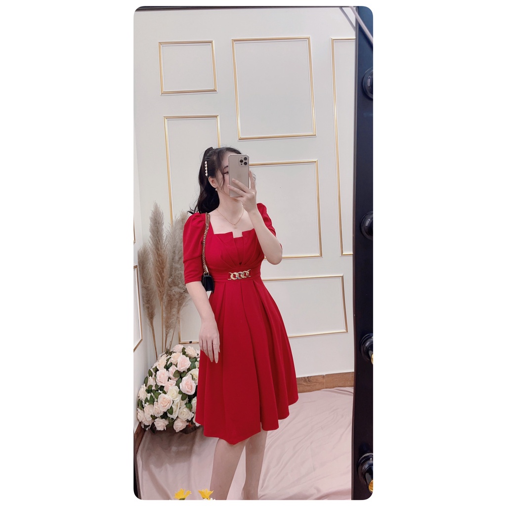 Đầm nữ dự tiệc màu đỏ thiết kế dáng xòe cổ vuông mới sang trọng- Thời Trang VADA (Đ2000) M_*6