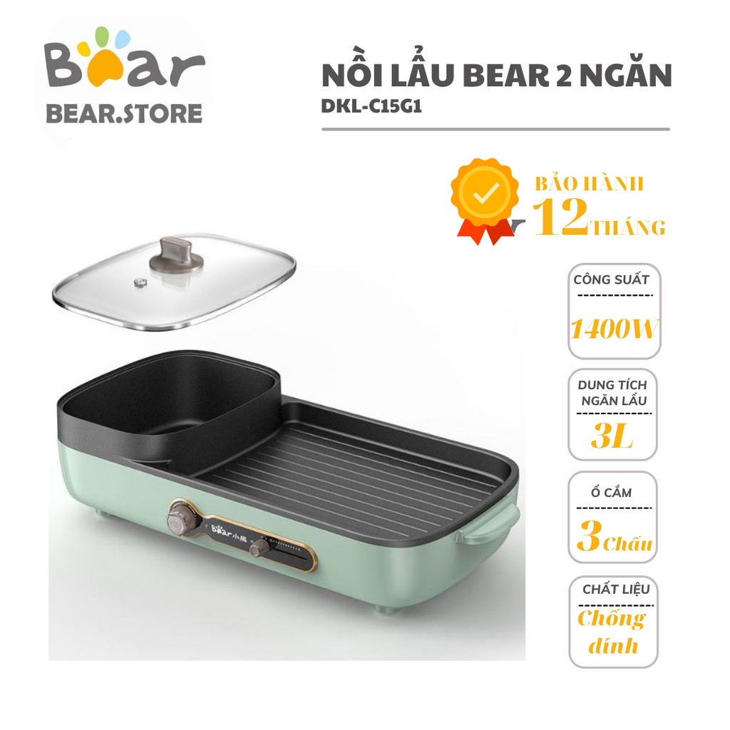 Bếp Nướng Điện Đa Năng BEAR, Nồi Lẩu Điện 2IN1 Cho Gia Đình DKL-C15G1 (Không tháo khay), DKL-C15L1(Có thể tháo khay)