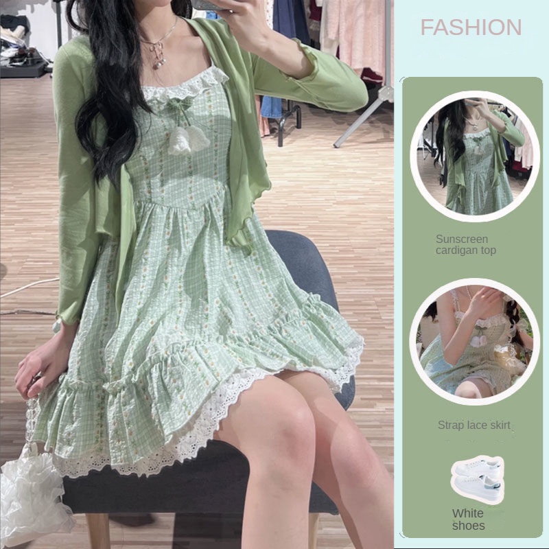 Set Áo Khoác Cardigan Và Đầm Dây Phong Cách Nhật Bản 2022 Dành Cho Nữ