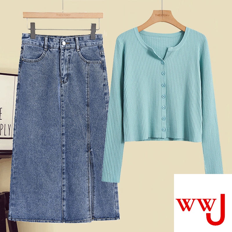 Set Áo Khoác Cardigan Dệt Kim + Chân Váy Denim Dáng Ôm Thời Trang Thu Đông 2022 Cho Nữ Có Size Lớn