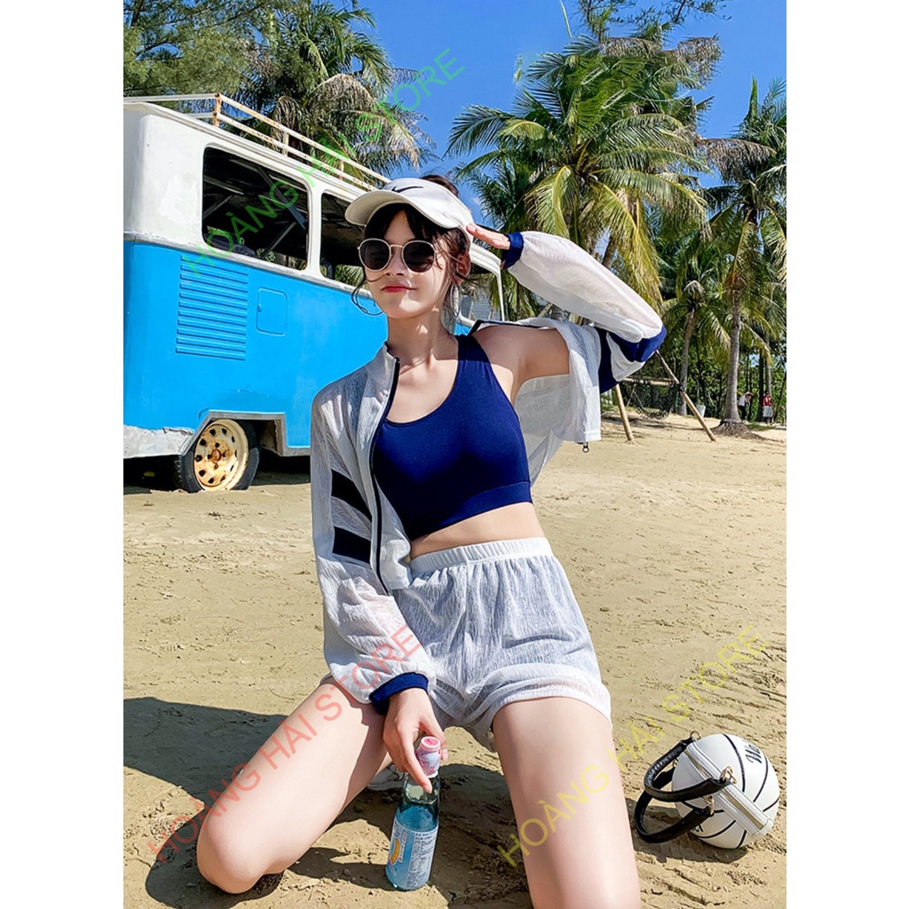 Bộ đồ bơi bikini nữ hai mảnh kín đáo quần short áo tay dài đi tắm biển, tập yoga, tập gym - B.12