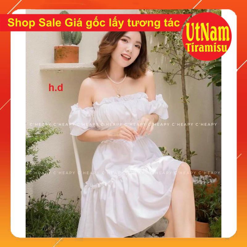 ( Sẵn) Đầm dự tiệc trễ vai tay bồng 3 tầng bèo Dáng xòe, Váy Tiểu Thư Trắng Trễ Vai or Cổ Vuông Vintage 2 màu Đen, Trắng