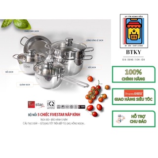 Bộ 5 nồi xửng quánh chảo lẩu 3 đáy inox 430 fivestar nắp kính đáy từ
