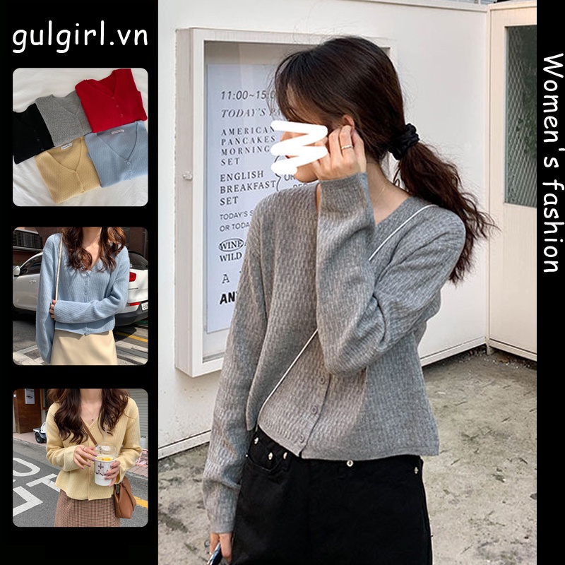 Áo khoác cardigan IHKKE dệt kim tay dài cổ chữ V phong cách Hàn Quốc thời trang cho nữ