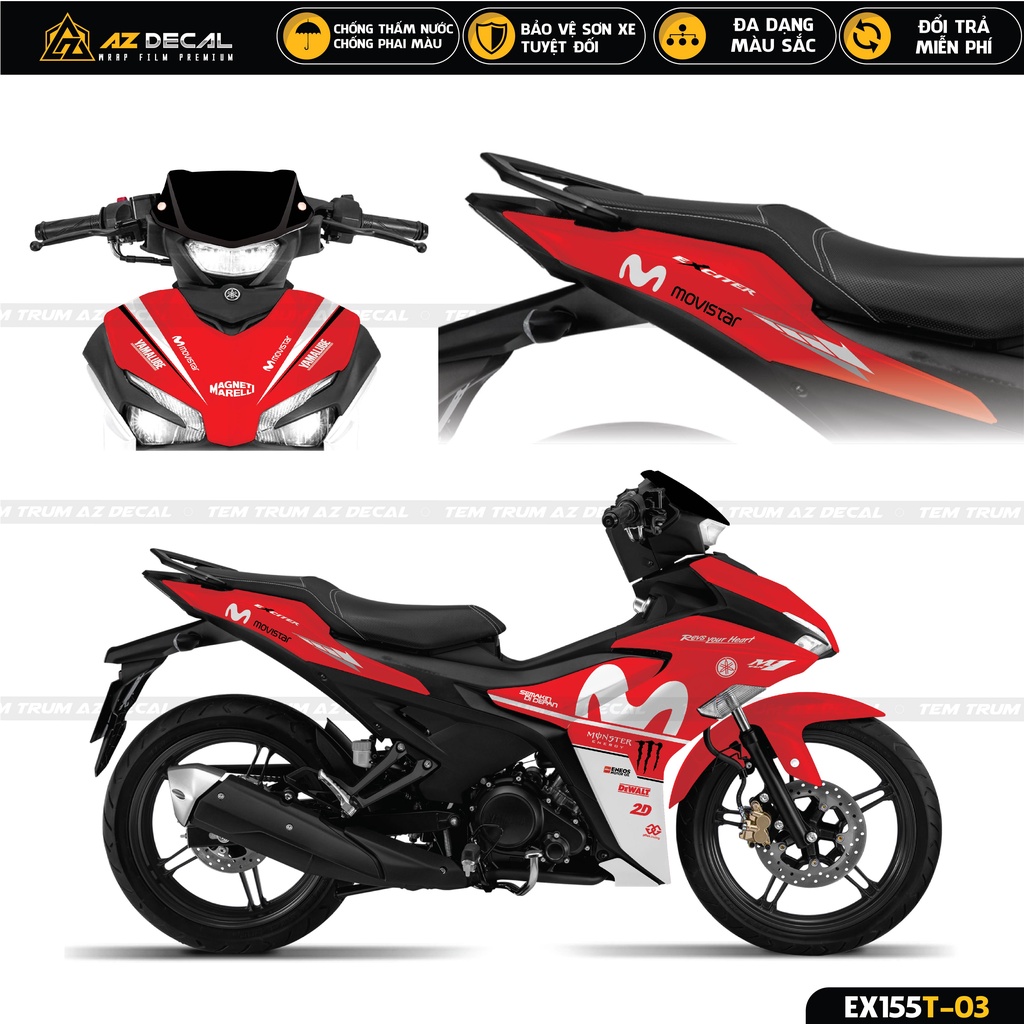 Tem Trùm Exciter 155 Mẫu Yamaha Movistar | EX155T-03 | Decal Dán Xe Ex 155 Chất Liệu Chống Nước Màu Xanh, Đen, Đỏ