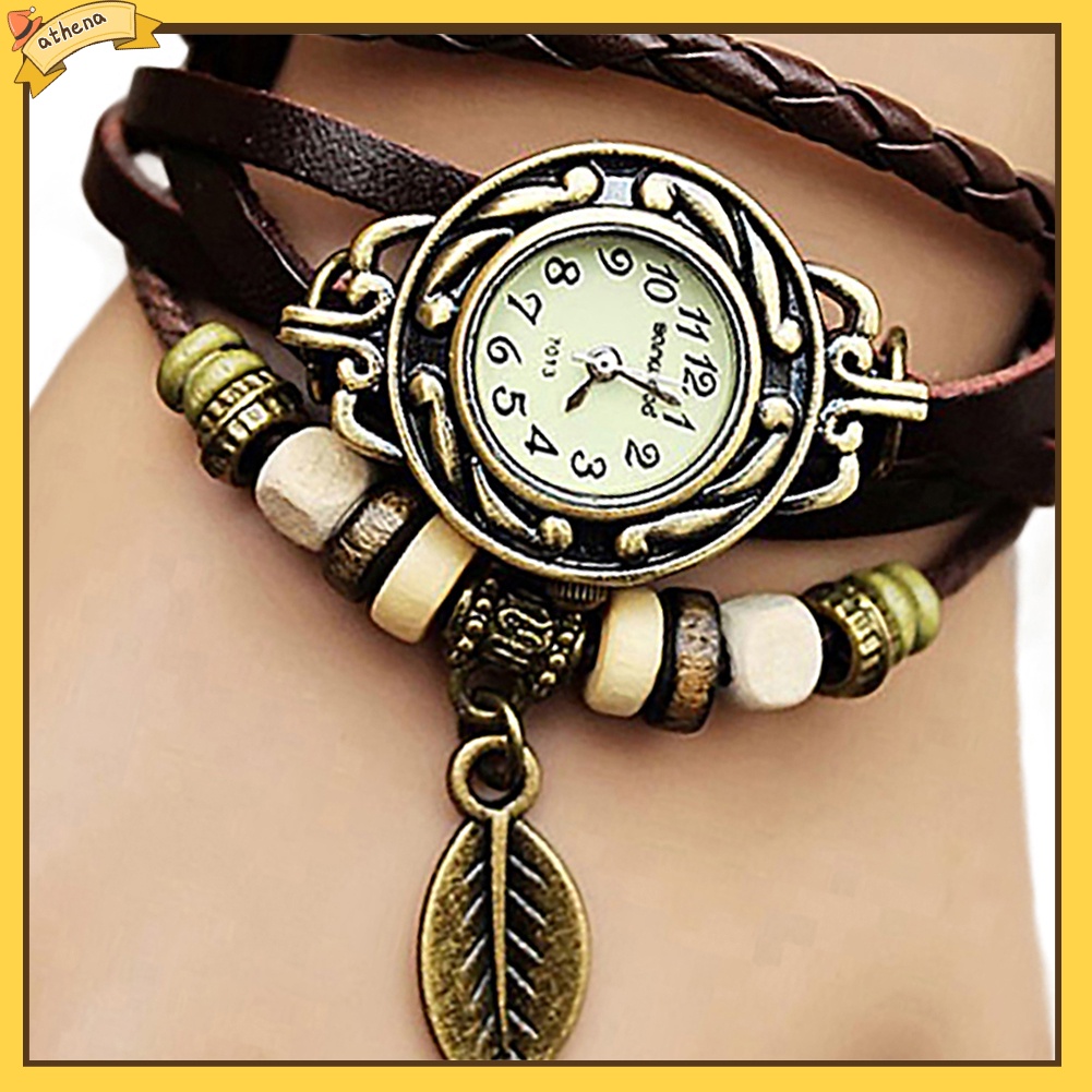 Đồng hồ thạch anh dây bện mặt hình lá phong cách retro