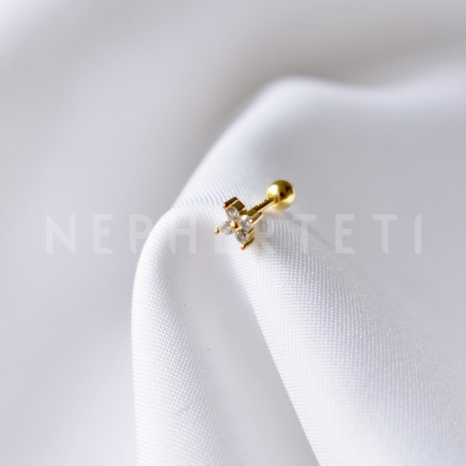 Khuyên tai bạc 925 mini - Hoa đá bốn cánh chốt bi vặn  - Nepherteti