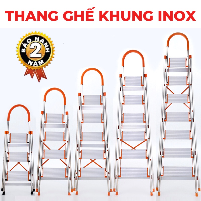 Thang nhôm ghế tay vịn khung inox 3,4,5,6,7 bậc chiều cao 0.7 đến 1.7m; BH 24 tháng