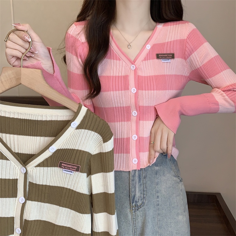 SUXI Áo Cardigan Dệt Kim Kẻ Sọc Dáng Ôm Phong Cách Cổ Điển Thời Trang Quyến Rũ Cho Nữ