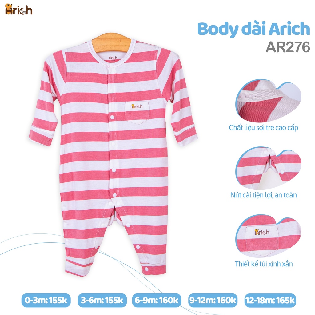 Bộ body dài tay họa tiết Arich vải sợi tre (size từ newborn đến 18 tháng)