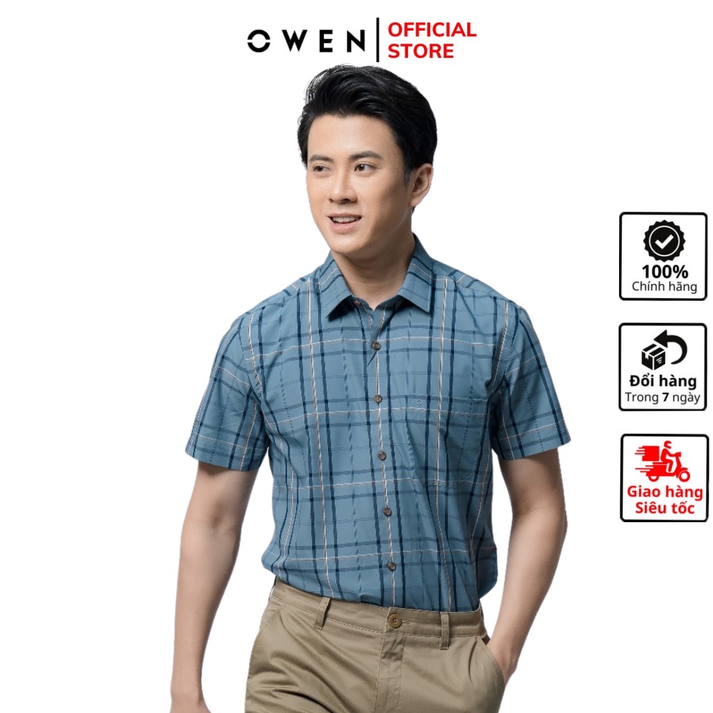 Áo sơ mi nam ngắn tay OWEN BA220052NT somi công sở vải sợi tre cao cấp màu kẻ caro lớn xanh xám navy be dáng suông
