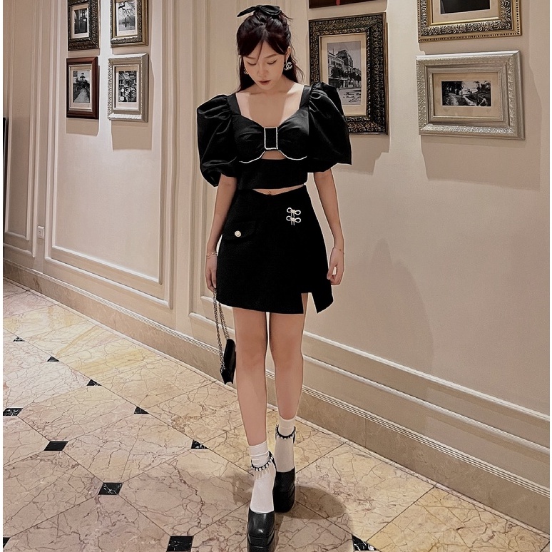THE FANCE | Chân váy dạ tweed có quần trong đính ghim nơ đá DOUBLE RIBBONS SKIRT