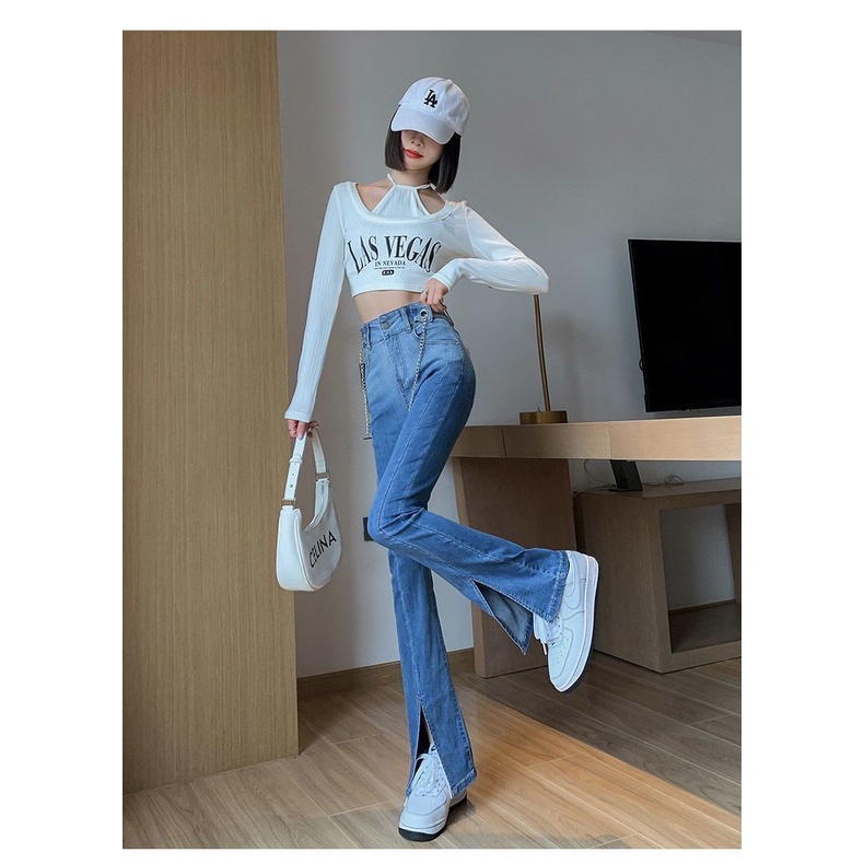 Quần Jean Nữ Ống Loe Xẻ Tà Lưng Cao Co Giãn Màu Gradient Phong Cách Mới