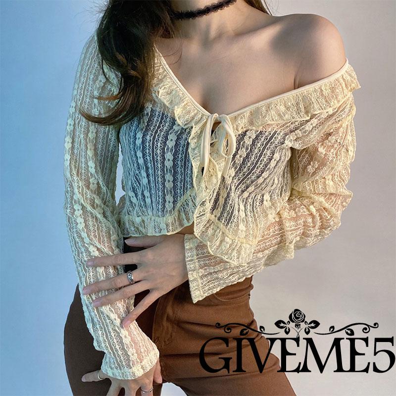 Áo cardigan croptop tay dài cổ chữ V phối diềm xếp nếp vải mỏng xuyên thấu phối ren hoa cột dây dành cho bạn nữ