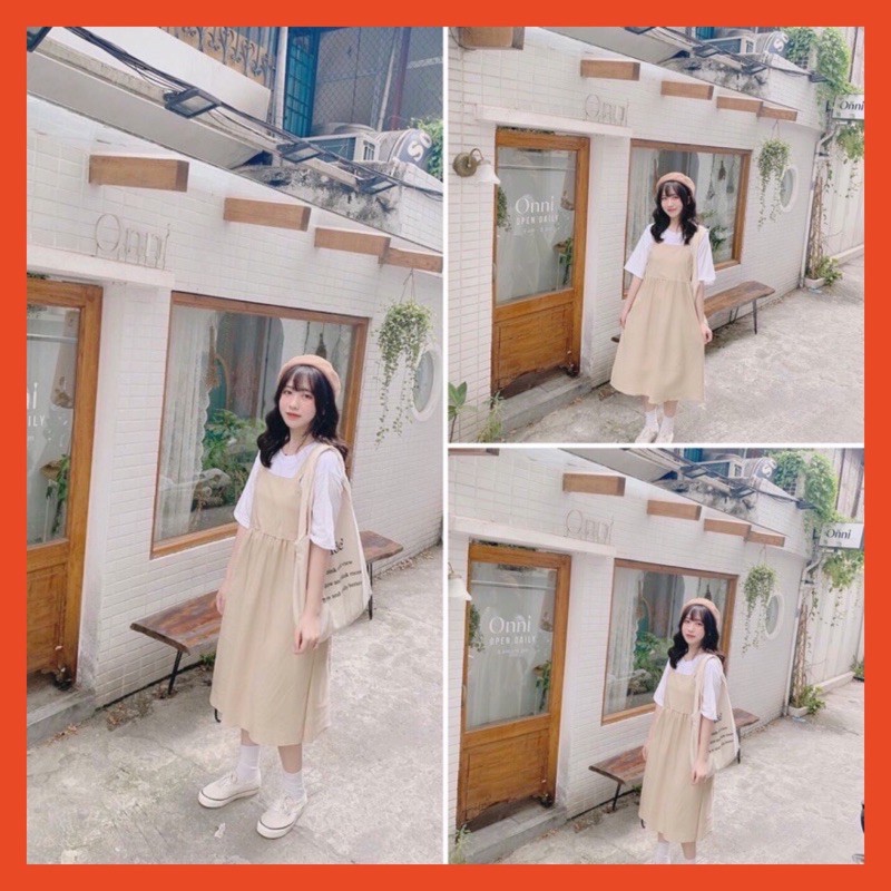 Bộ Yếm Kaki Màu Be Dài Kèm Áo Thun Cotton 🦋 Sét Yếm Nữ Áo Thun Dáng Rộng