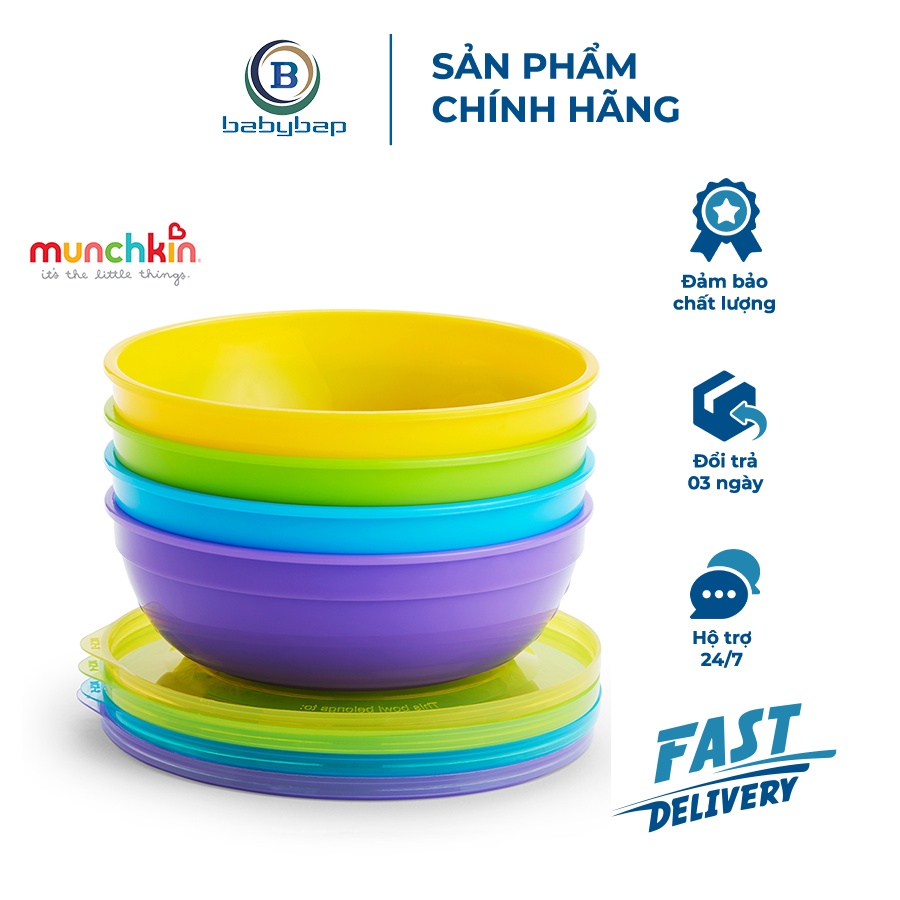 Bộ 4 Bát Có Nắp + 2 Thìa Munchkin Dành Cho Bé Trên 4 Tháng Tuổi