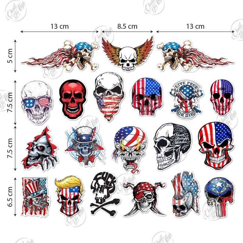 Bộ20 Sticker Đầu lâu Cờ Mỹ skull chống nước dán xe, laptop, điện thoại , đàn guita NT 15