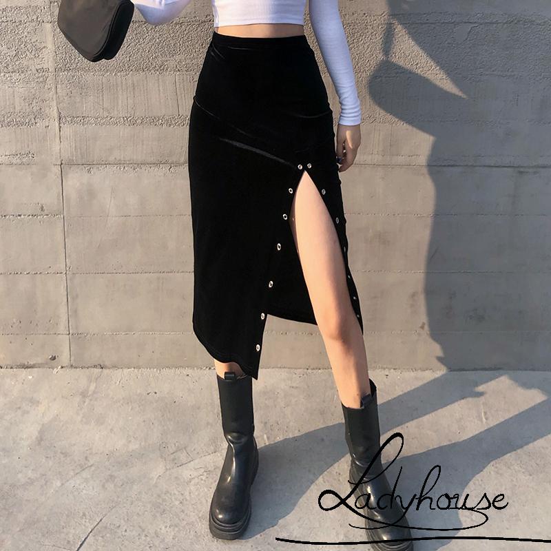 Chân Váy Lưng Cao Xẻ Tà Phối Vòng Kim Loại Màu Trơn Thời Trang Thu Đông Cho Nữ