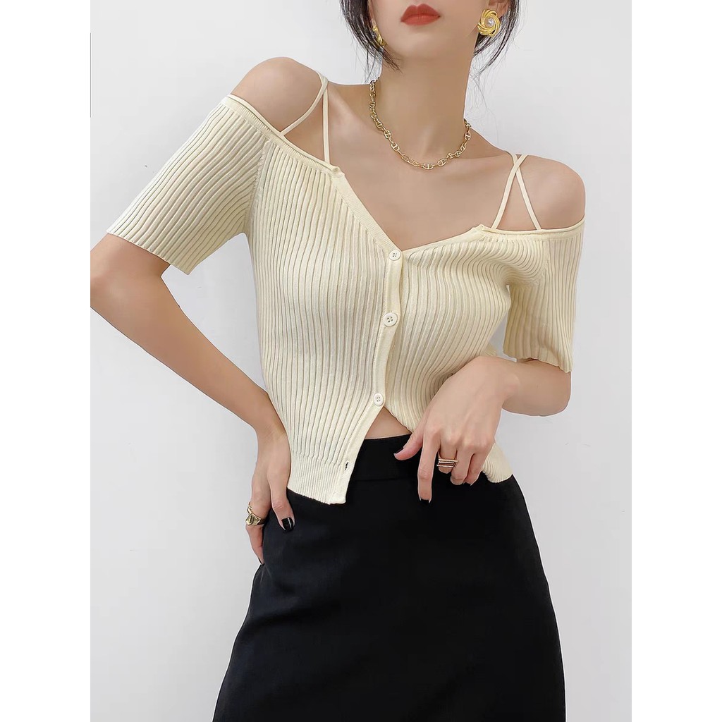 Cocory vn Áo croptop dệt kim tay ngắn trễ vai thiết kế ôm sát quyến rũ
