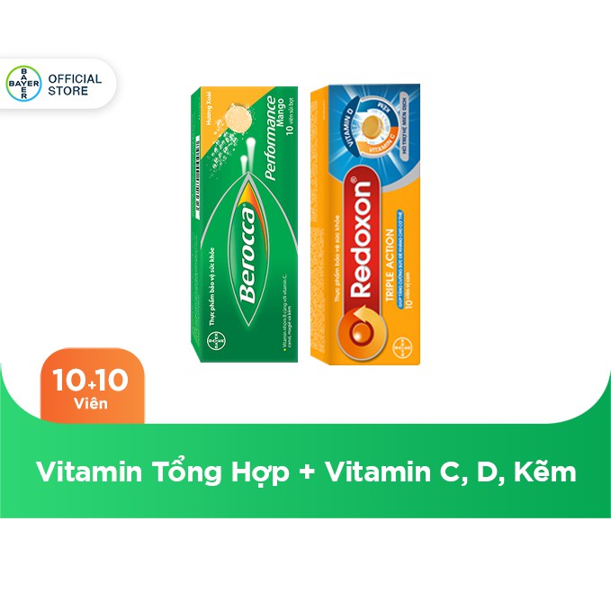 Combo Viên sủi Vitamin C, D, và Kẽm Redoxon Triple Action 10 viên & Viên sủi Vitamin Berocca Performance 10 viên