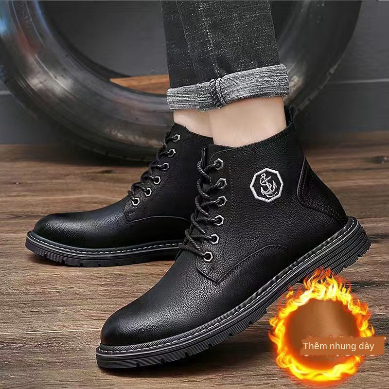 ❈ins Martin boots nam cao cổ giày da thu đông phong cách Hàn Quốc xu hướng tất cả các kết hợp bốt cộng với bông nhu