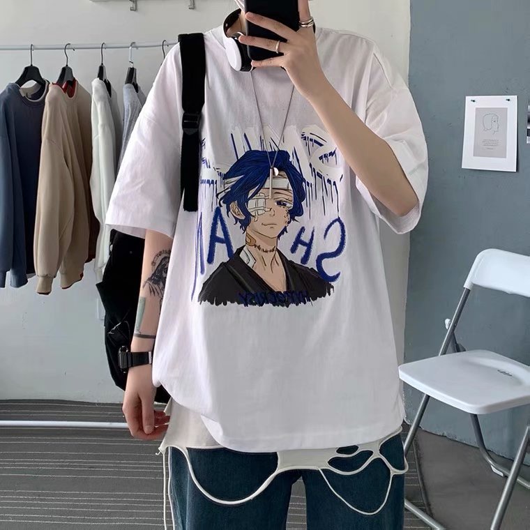 Áo thun tay ngắn cổ tròn dáng rộng in họa tiết hoạt hình phong cách Nhật Bản thời trang cho nam size M-5XL