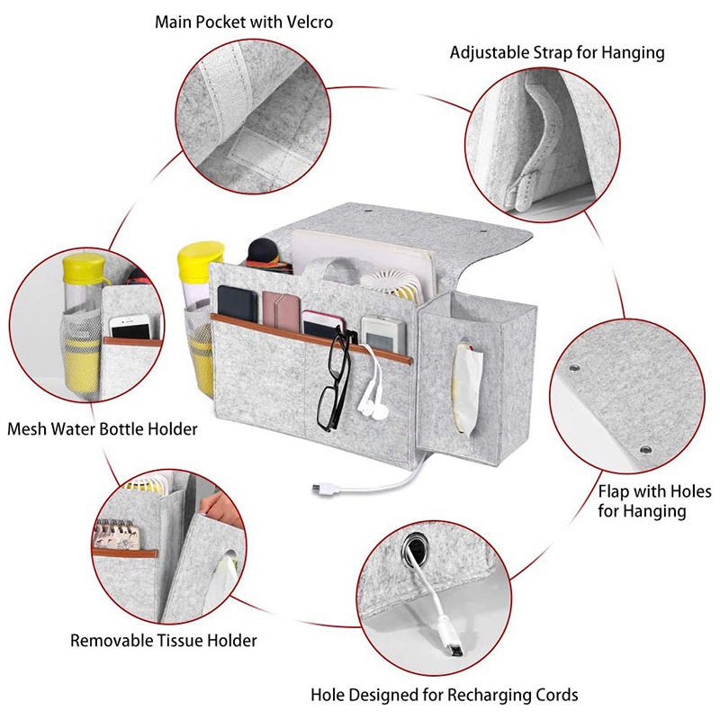 Túi Đựng Đồ / Tạp Chí / Điện Thoại / Máy Tính Bảng Gắn Cạnh Giường Bằng Vải Nỉ Màu Xám Nhạt Sắp Xếp Gọn Gàng